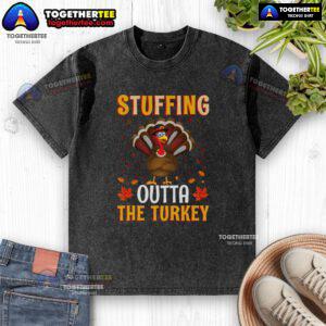 Funny Thanksgiving turkey stuffing graphic on a washed T-shirt, perfect for holiday festivities and family gatherings.