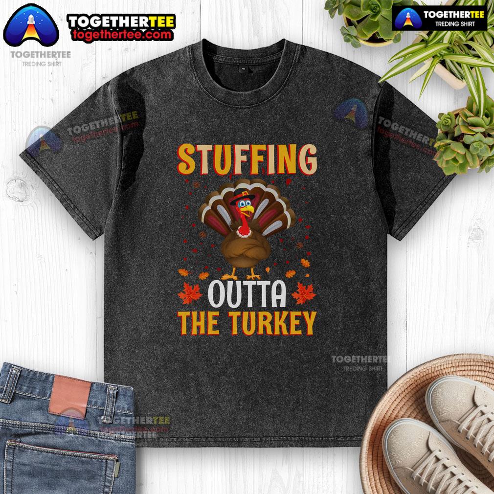 Funny Thanksgiving turkey stuffing graphic on a washed T-shirt, perfect for holiday festivities and family gatherings.