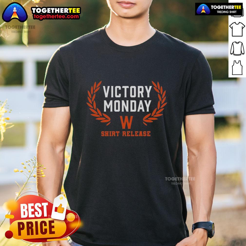 Alt Text: Happy Victory Monday with Chicago Bears T-Shirt release featuring fans celebrating and wearing the new shirt.