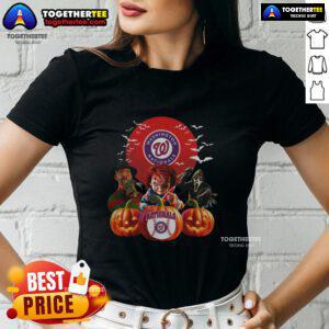 Happy Washington Nationals MLB Horror Movie Halloween Ladies Tee featuring festive design for baseball fans celebrating Halloween.