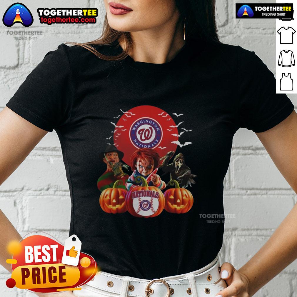 Happy Washington Nationals MLB Horror Movie Halloween Ladies Tee featuring festive design for baseball fans celebrating Halloween.