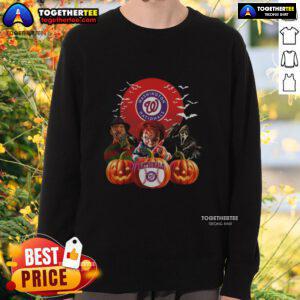 Happy Washington Nationals MLB Halloween sweatshirt featuring spooky designs for baseball fans celebrating Halloween.