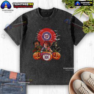 Happy Washington Nationals MLB horror movie Halloween washed t-shirt featuring a spooky design for fans.