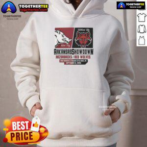 Hot Arkansas Razorbacks vs Arkansas State Red Wolves Showdown 2025 hoodie featuring team logos and vibrant colors.