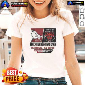 2025 showdown tee featuring Arkansas Razorbacks vs Arkansas State Red Wolves, perfect for ladies' sports fans.