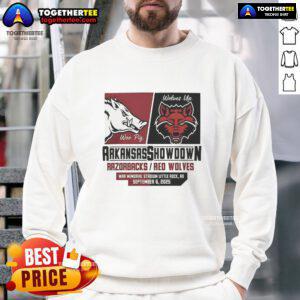 Stylish Hot Arkansas Razorbacks vs Arkansas State Red Wolves Showdown 2025 sweatshirt, perfect for game day fans.