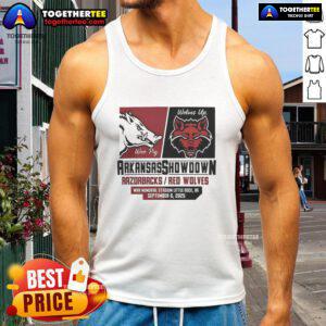 2025 Hot Arkansas Razorbacks vs Arkansas State Red Wolves Showdown tank top featuring team logos and vibrant colors.