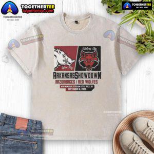 2025 showdown between Arkansas Razorbacks and Arkansas State Red Wolves on a washed t-shirt, perfect for game day.