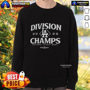 Los Angeles Dodgers 2025 postseason sweatshirt celebrating Hot Division Champs in National League West.