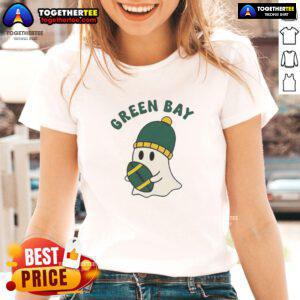 Alt Text: Hot Green Bay Packers Ghost Football Halloween Ladies Tee featuring a spooky design perfect for Halloween celebrations.