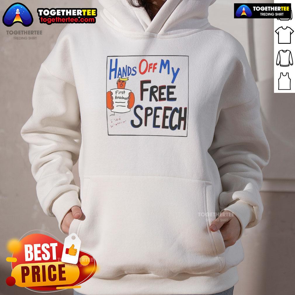 Hot Hands Off My Free Speech Trump Cartoon Hoodie featuring a bold graphic of Trump advocating for free speech rights.