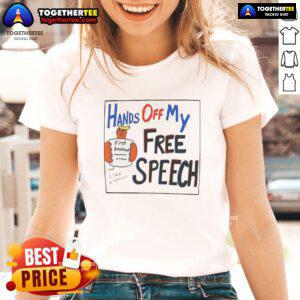 Trump cartoon graphic on 'Hot Hands Off My Free Speech' ladies tee, showcasing bold political statement and vibrant design.