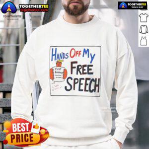 Cartoon sweatshirt featuring 'Hot Hands Off My Free Speech' slogan with Trump illustration, perfect for political apparel.