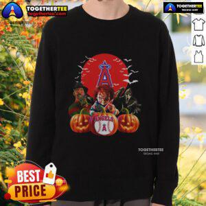 Hot Los Angeles Angels MLB horror movie Halloween sweatshirt featuring spooky design and team logo for festive fans.