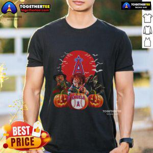 Hot Los Angeles Angels MLB horror movie Halloween T-shirt featuring spooky graphics and team logo for festive fans.