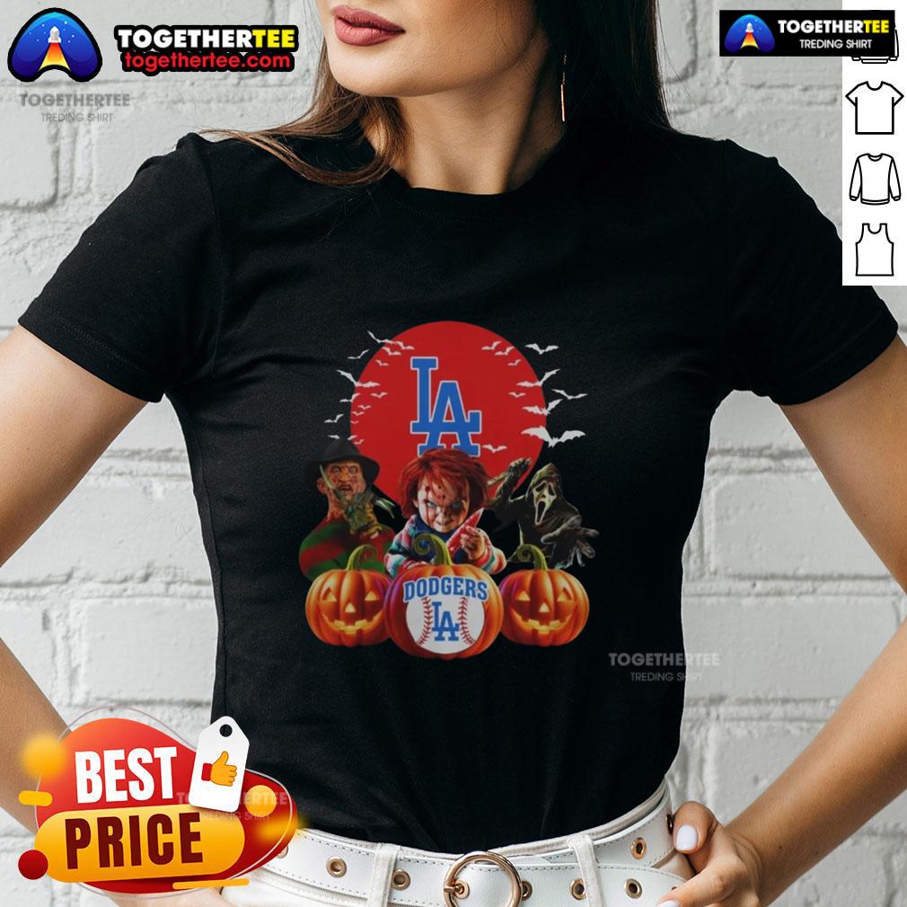 Hot Los Angeles Dodgers MLB horror movie Halloween ladies tee featuring spooky graphics and team logo for festive fans.