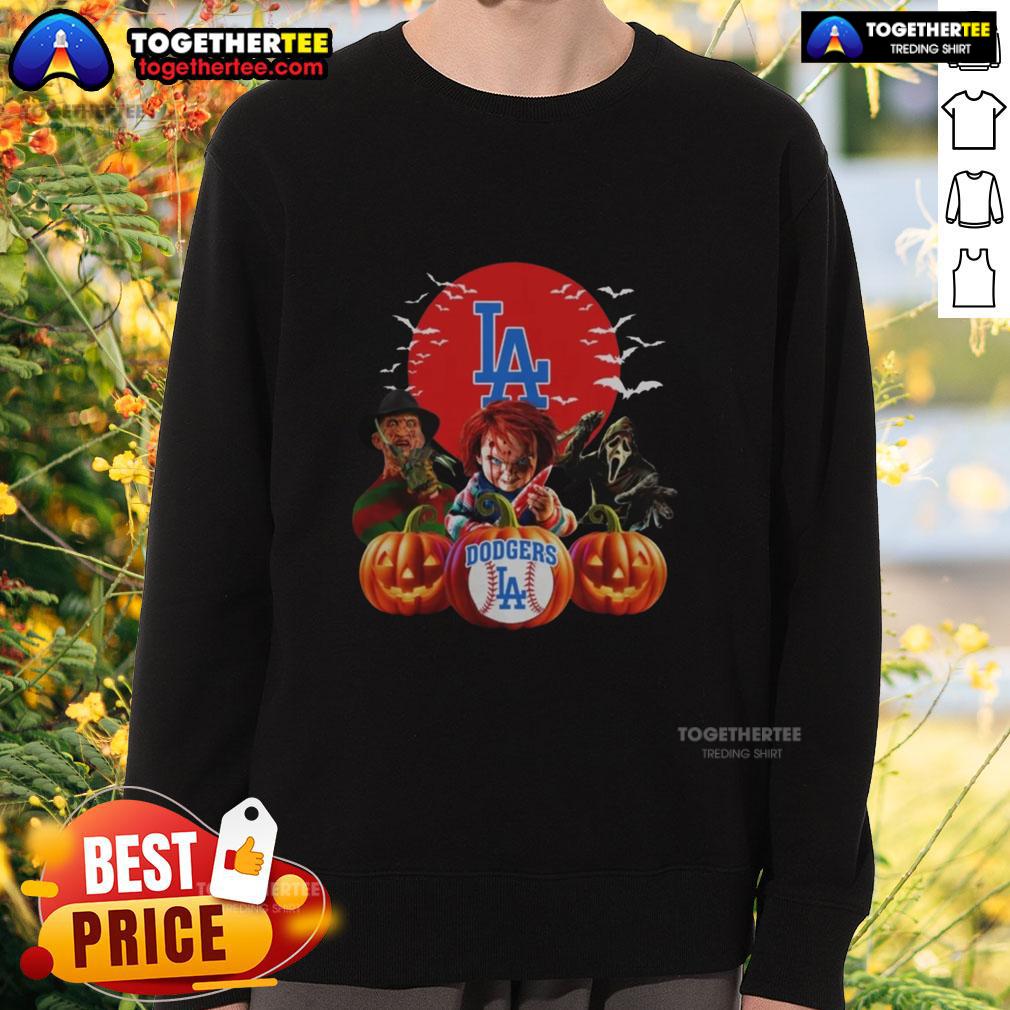 Hot Los Angeles Dodgers MLB horror movie Halloween sweatshirt featuring spooky graphics and team logo for fans.