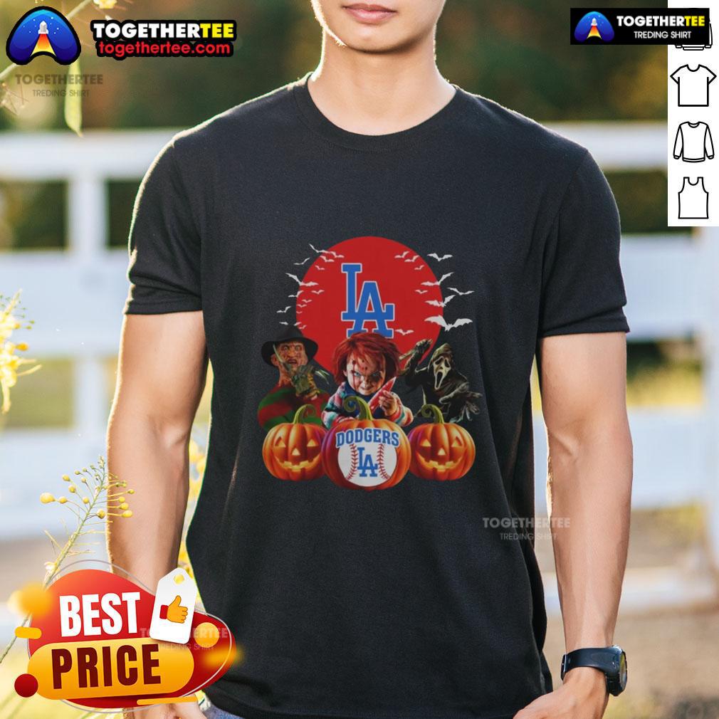 Hot Los Angeles Dodgers MLB Horror Movie Halloween T-Shirt featuring spooky graphics and team logo for Halloween fans.