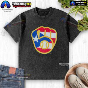 Alt Text: Hot Puerto Rican Milwaukee Brewers logo washed t-shirt featuring vibrant colors and a stylish design for fans.