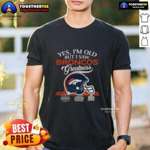 Denver Broncos Super Bowl helmet skyline T-shirt for fans celebrating team greatness and nostalgia.
