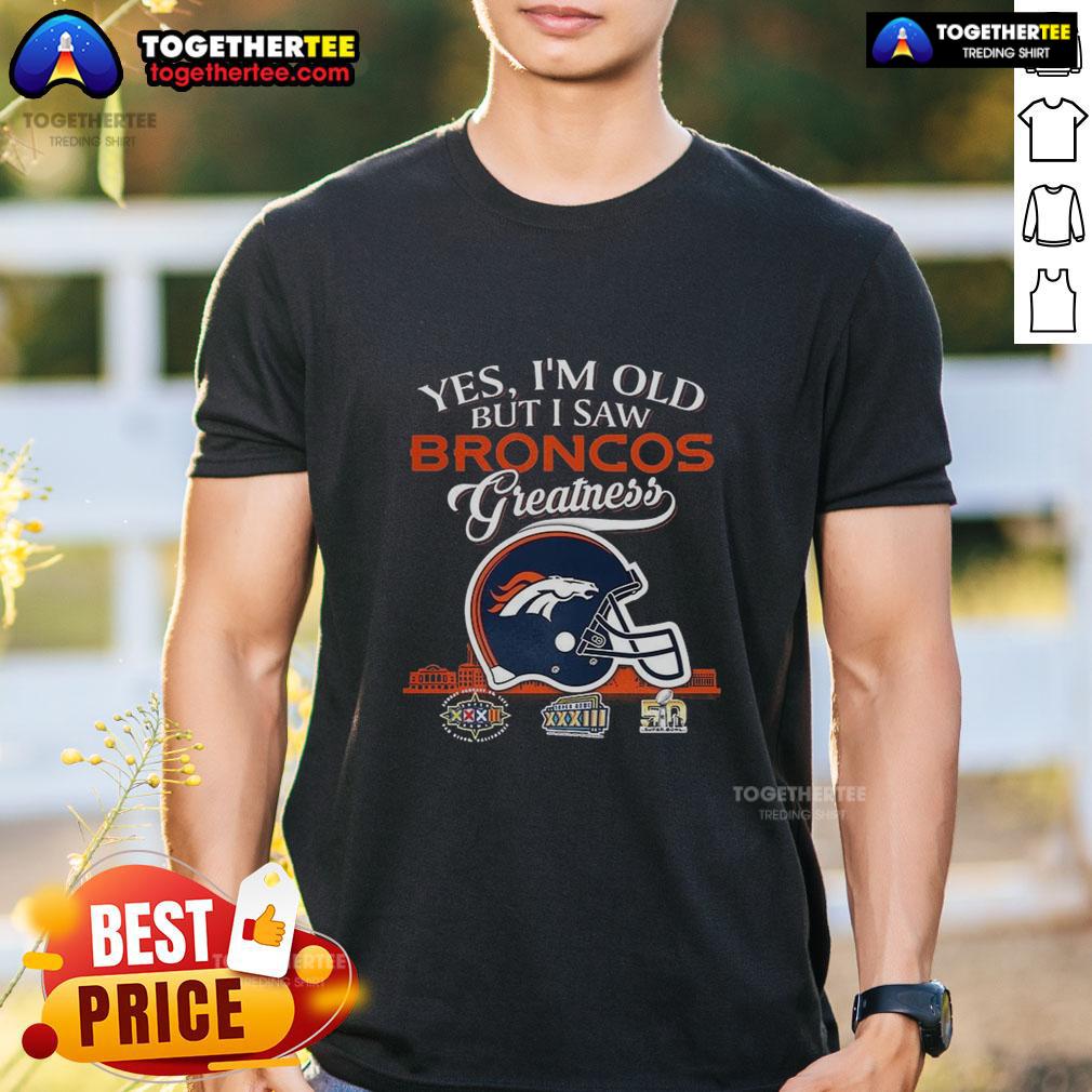 Denver Broncos Super Bowl helmet skyline T-shirt for fans celebrating team greatness and nostalgia.
