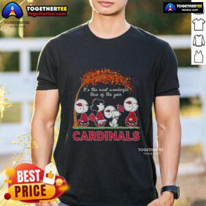 Alt Text: Snoopy and Friends autumn t-shirt celebrating St. Louis Cardinals, perfect for the most wonderful time of the year.
