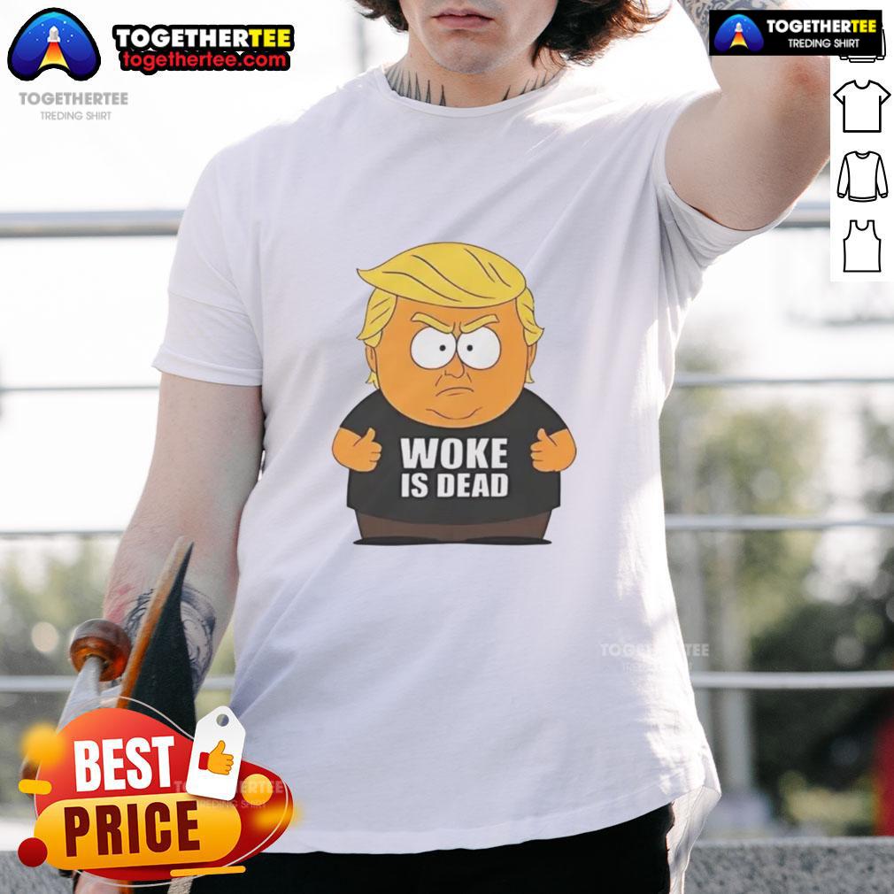 Funny 'Nice Woke Is Dead' Trump cartoon on South Park parody T-Shirt, perfect for political satire fans.