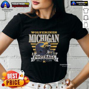 Alt Text: Stylish Official Michigan Wolverines Stripe Splash Ladies Tee featuring a vibrant design and comfortable fit.