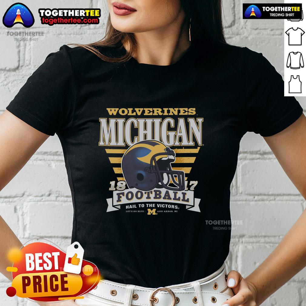 Alt Text: Stylish Official Michigan Wolverines Stripe Splash Ladies Tee featuring a vibrant design and comfortable fit.