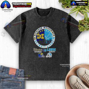 Original Michigan Wolverines on Saturdays and Detroit Lions on Sundays washed t-shirt, featuring team logos and casual style.