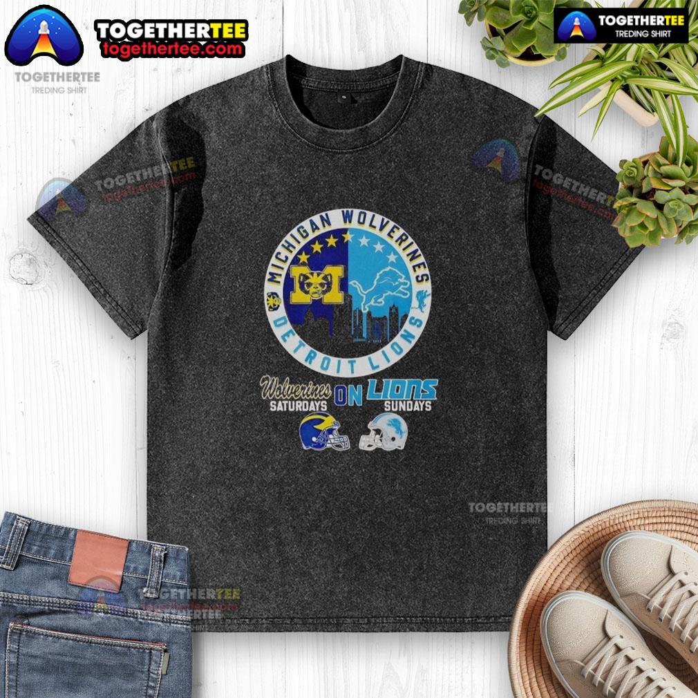 Original Michigan Wolverines on Saturdays and Detroit Lions on Sundays washed t-shirt, featuring team logos and casual style.