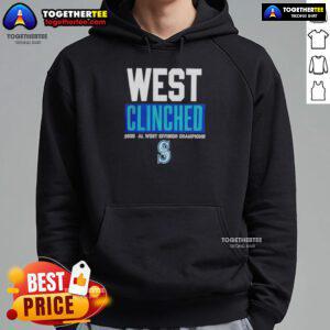 Alt Text: 2025 Seattle Mariners AL West Division Champions hoodie celebrating playoffs clinch, featuring team logo and colors.