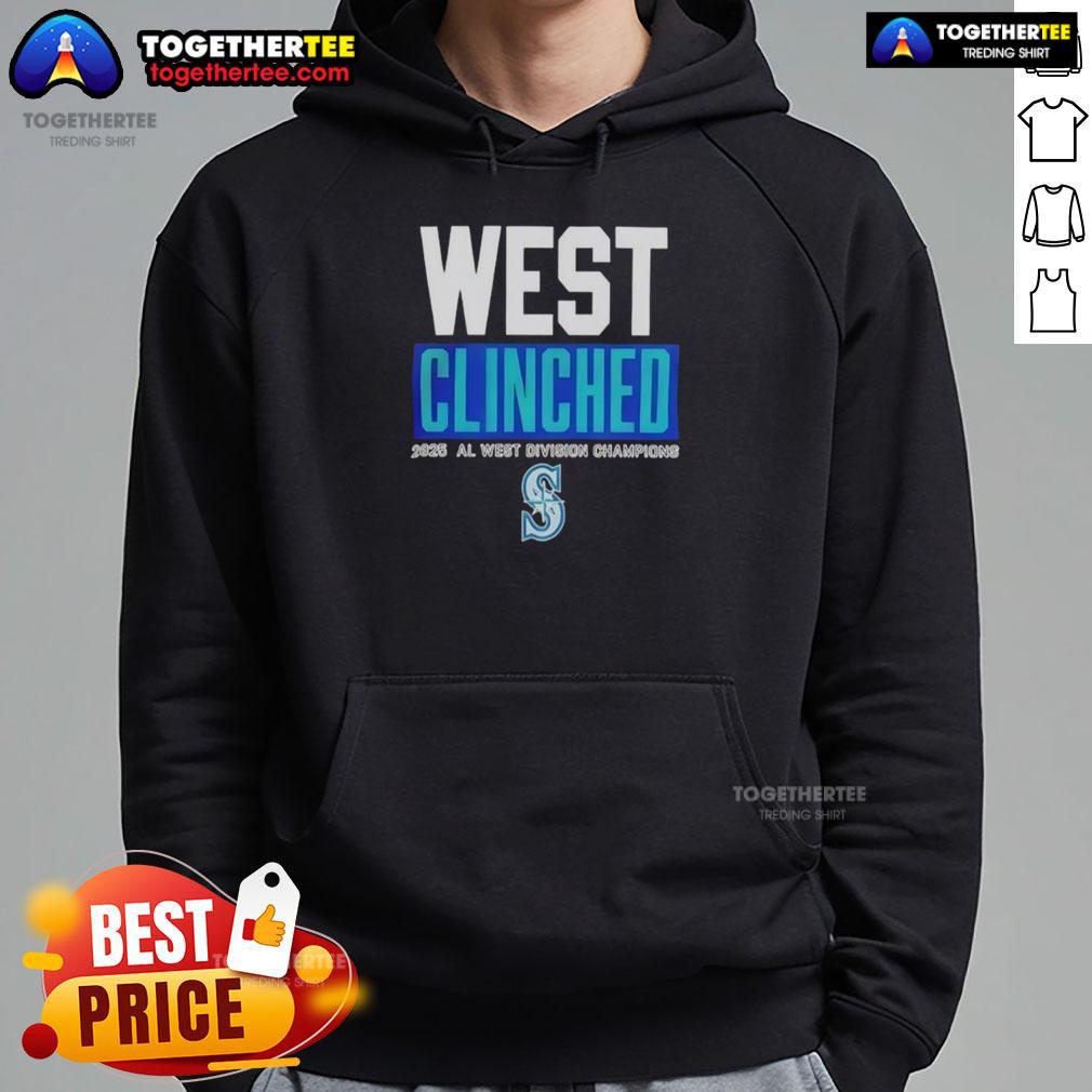 Alt Text: 2025 Seattle Mariners AL West Division Champions hoodie celebrating playoffs clinch, featuring team logo and colors.
