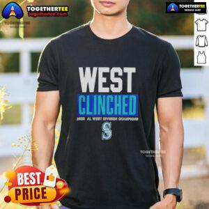 Alt Text: Original Seattle Mariners Playoffs Clinched AL West Division Champions 2025 T-Shirt featuring team colors and logo.