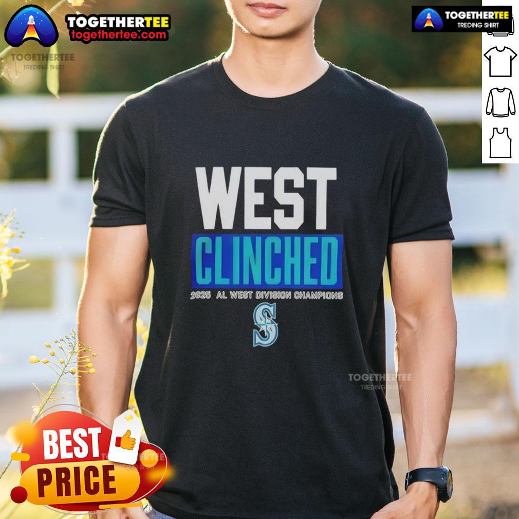 Alt Text: Original Seattle Mariners Playoffs Clinched AL West Division Champions 2025 T-Shirt featuring team colors and logo.