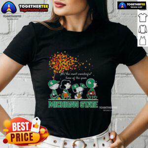 Alt Text: Original Snoopy and Friends Michigan State autumn ladies tee featuring festive holiday design for the most wonderful time of the year.