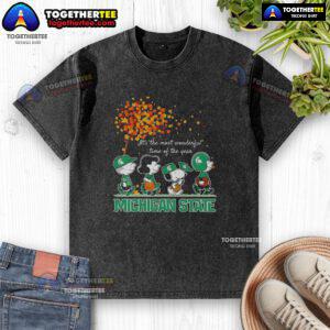 Alt Text: Original Snoopy and Friends Michigan State autumn washed t-shirt featuring festive design for the holiday season.