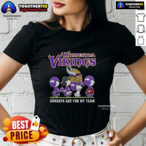 Alt Text: Original Snoopy and Friends Minnesota Vikings Football Sundays Are for My Team Ladies Tee, perfect for game day.