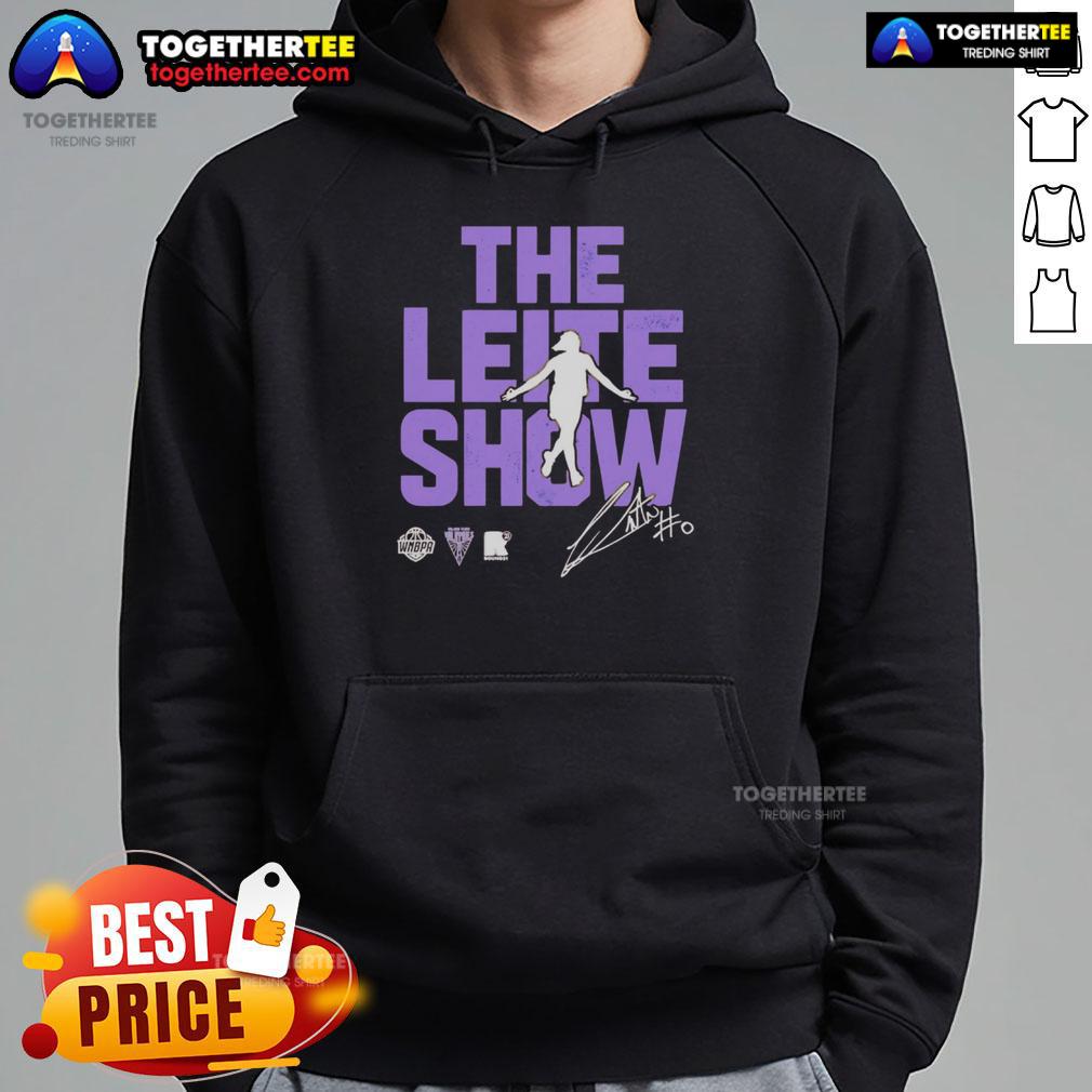 Carla Leite wearing the Original The Leite Show Golden State Valkyries hoodie, showcasing its vibrant design.