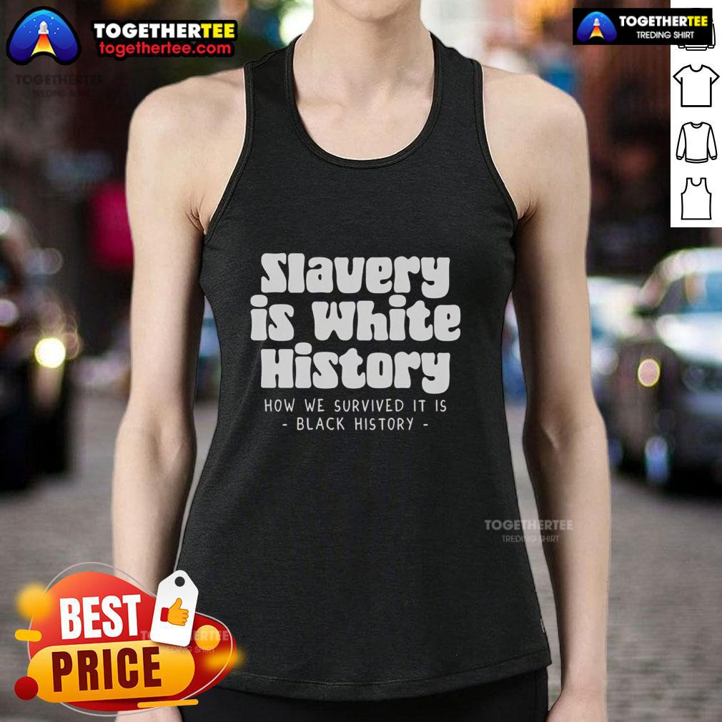 Original Van Lathan Jr. 'Slavery is White History' tank top featuring bold text design for impactful statement fashion.
