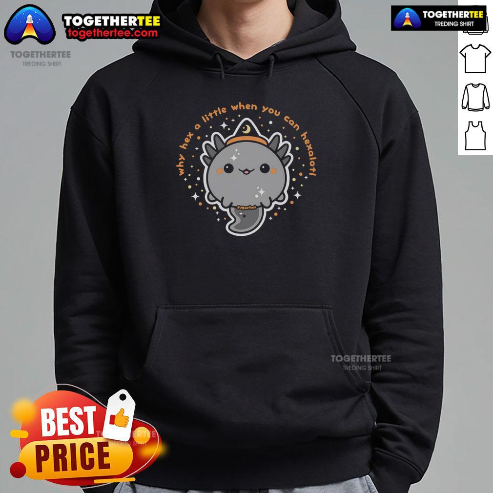 Original 'Why Hex a Little When You Can Hexalotl' hoodie featuring a colorful design, perfect for casual wear and fans alike.