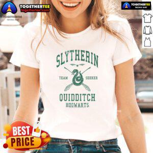 Alt Text: Premium Harry Potter Slytherin Team Seeker Hogwarts Quidditch ladies tee featuring a stylish design for fans.