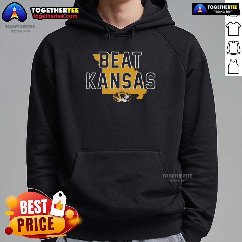 Alt Text: Premium Missouri Tigers beat Kansas Jayhawks state hoodie in black, showcasing team pride and style.