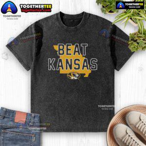 Premium Missouri Tigers beat Kansas Jayhawks state washed t-shirt featuring team colors and logo for fans.