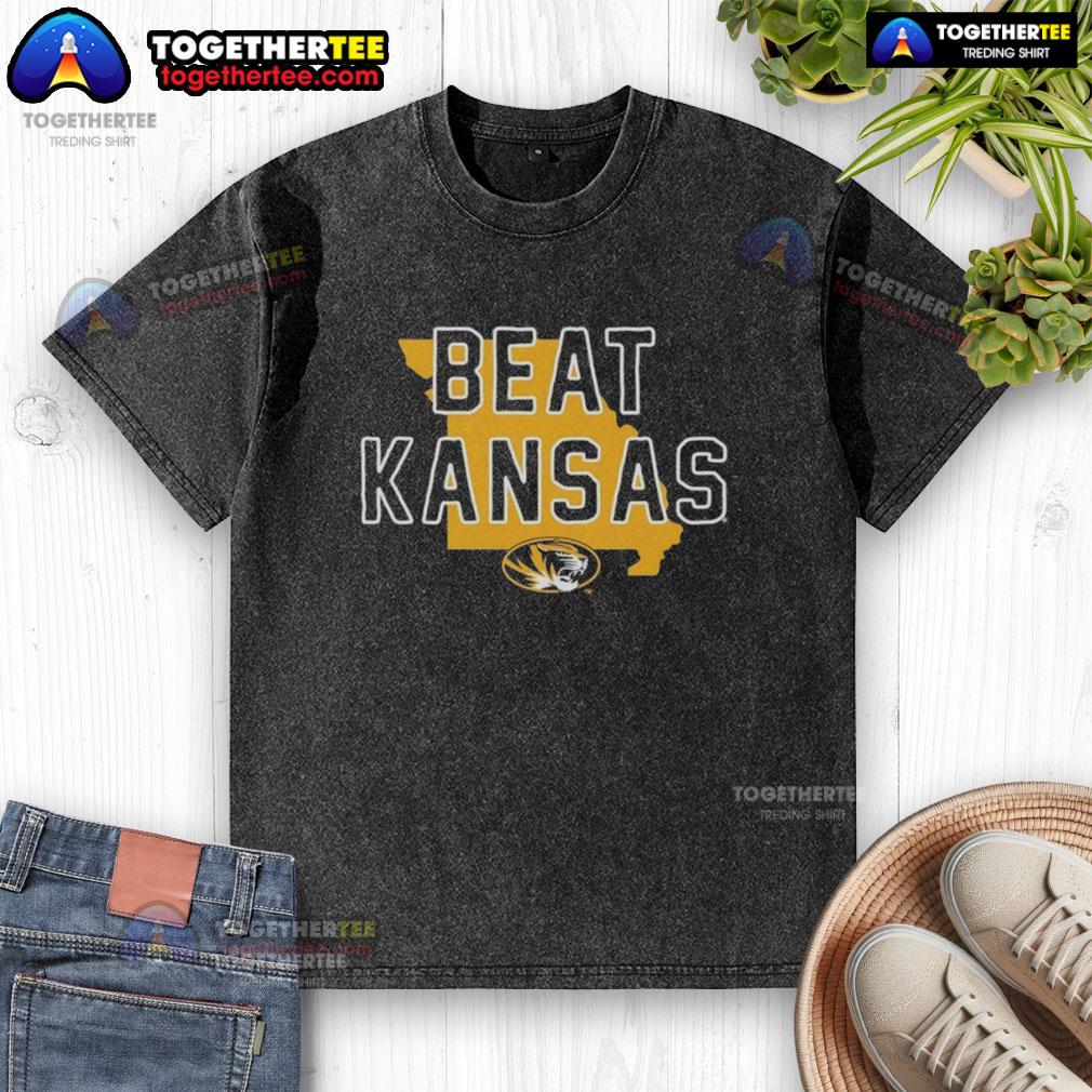 Premium Missouri Tigers beat Kansas Jayhawks state washed t-shirt featuring team colors and logo for fans.