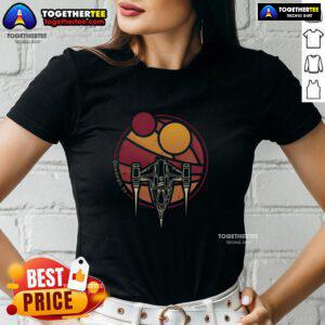 Premium N-1 WZRD Twin Suns Starfighter retro sci-fi spaceship graphic on ladies tee, perfect for space enthusiasts.
