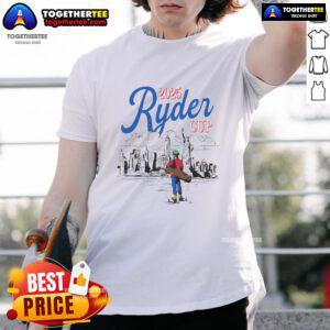 Alt Text: Premium Ryder Cup Skyline Golf New York 2025 T-Shirt featuring iconic NYC skyline and golf-themed design.