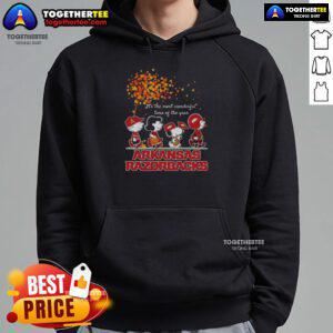 Premium Snoopy and Friends Arkansas Razorbacks autumn hoodie featuring festive design for the most wonderful time of the year.