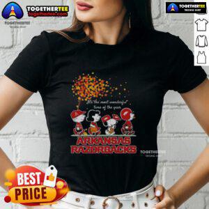 Alt Text: Premium Snoopy and Friends Arkansas Razorbacks autumn ladies tee celebrating It's the Most Wonderful Time of the Year