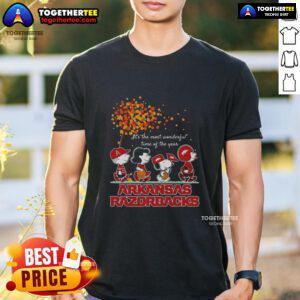 Premium Snoopy and Friends Arkansas Razorbacks autumn T-shirt featuring festive design for the most wonderful time of the year.
